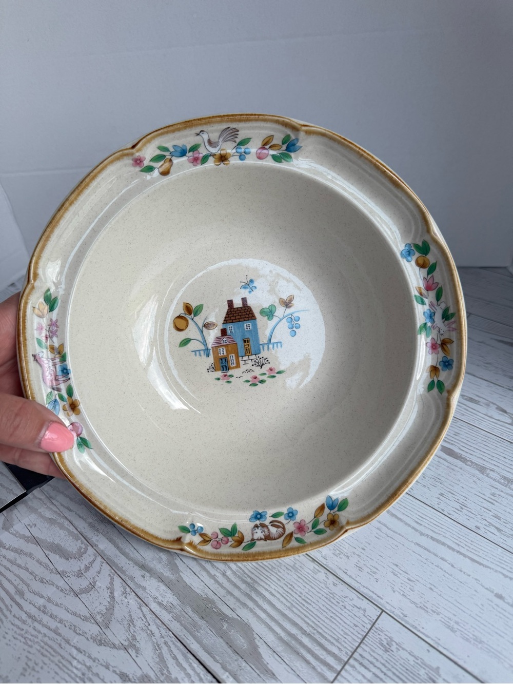 Vintage Floral Cottage Ceramic Serving Bowl in Cream and Blue